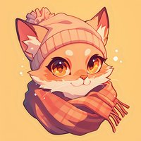 Cute cartoon fox wearing winter knit hat and striped scarf on orange background, kawaii anime style character with big expressive eyes and warm cozy accessories.