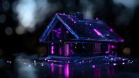 Glowing neon house model with purple and blue lighting effects against dark background creates futuristic architectural visualization with bokeh elements.
