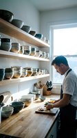 Professional potter craftsman working in ceramic studio workshop with handmade pottery bowls displayed on wooden shelves near bright window.