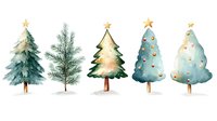 Watercolor winter pine trees collection with gold star decorations and ornaments on white background, festive holiday design elements for seasonal projects.