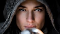 Young Caucasian woman with piercing blue eyes wearing gray hooded sweatshirt looking directly at camera with intense gaze and natural makeup in moody lighting.