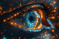 Futuristic digital eye macro with glowing circuit patterns and orange light effects. Perfect for technology, artificial intelligence, biometric security, and digital transformation concepts.