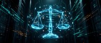 Digital justice scales hologram floating in futuristic data center with glowing circuit patterns and network connections for legal technology concepts.