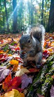 Cute gray squirrel sitting on fallen autumn leaves in sunlit forest holding acorn in paws during fall season for wildlife and nature photography.