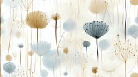 Delicate dandelion silhouettes in soft blue and beige tones create gentle floral pattern. Abstract wildflower meadow design with ethereal seedheads and stems on light background.