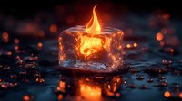 Glowing flame encased in melting ice cube creates dramatic contrast against dark background with orange bokeh lights and water reflections. Artistic nature photography.