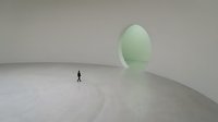 Silhouette of person standing in minimalist white space with large glowing green oval portal or gateway, surreal architectural visualization for design projects.
