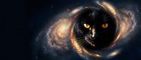 Black cat face emerging from cosmic spiral galaxy with glowing orange eyes and celestial light effects for fantasy and space-themed designs.