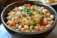 Grilled chicken breast with white beans, fresh tomatoes and herbs in black ceramic bowl, homemade Mediterranean style dish with vibrant vegetables.