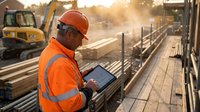 Construction worker in safety gear using tablet at railway site during golden hour sunset with heavy machinery in background for infrastructure projects.