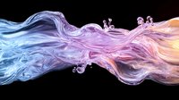 Flowing abstract liquid streams in blue, purple, and orange colors with floating crystal bubbles creating dynamic motion effect on dark background.