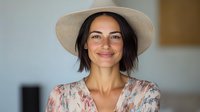 Young Mediterranean woman with short dark hair wearing beige hat and floral dress smiles warmly at camera, radiating natural joy and confidence against blurred background.