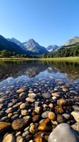 Tranquil mountain lake with clear water revealing smooth stones on bottom, dramatic peaks reflected in surface, surrounded by green forest and meadows in summer.