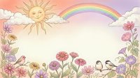 Cheerful hand-drawn spring border with smiling sun, rainbow, birds, and colorful flowers, soft pastel tones, copy space for greeting cards.