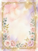 Ornate gold frame with watercolor floral border featuring pink roses, peonies, and eucalyptus leaves on soft pastel background. Isolated design ready for invitations, cards, and stationery projects.