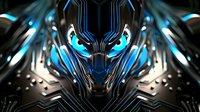 Futuristic robotic face with glowing blue eyes and metallic surface features, detailed with circuit patterns and symmetric design elements. Dramatic lighting creates sci-fi atmosphere.