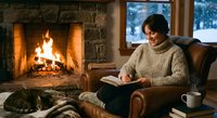 Young Caucasian man in cozy sweater reading book by fireplace in rustic cabin during winter. Warm indoor atmosphere with stone hearth and comfortable armchair.