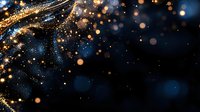 Abstract golden and blue glowing particles on dark background with bokeh effect, creating magical atmosphere for festive designs.