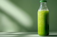 Fresh green smoothie in glass bottle with natural lighting and shadow effects for healthy lifestyle and nutrition concepts.