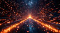 Digital technology pathway with glowing orange light particles and binary code streams flowing through dark cyber tunnel, creating futuristic data visualization effect.