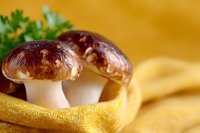 Fresh brown mushrooms with white stems on yellow textile background, garnished with green parsley leaves. Macro food photography with soft focus.