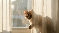 Tabby cat sitting on windowsill behind sheer curtains, looking out at rainy window. Cozy home interior scene for lifestyle and pet content.