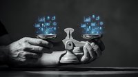 Business professional analyzing financial data with holographic charts and graphs displayed above smartphone on dark background for corporate presentations.