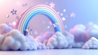 Magical rainbow arch glowing among fluffy pink and purple clouds with sparkling stars creating dreamy celestial atmosphere for children room decor and fantasy designs.
