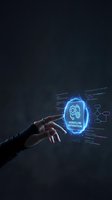 Businessman hand touching glowing neon workflow automation icon with gears and code interface on dark background for business process optimization and digital transformation projects.