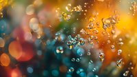 Floating water drops and bubbles on vibrant orange and teal bokeh background create dreamy abstract macro photography effect with soft focus and light reflections.