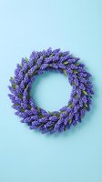 Purple lavender wreath on light blue background for spring home decor, seasonal decoration, aromatherapy and wellness design projects.
