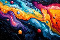 Vibrant cosmic abstract with flowing waves of orange, blue, purple and red colors against dark space background, featuring floating spherical orbs and swirling patterns.