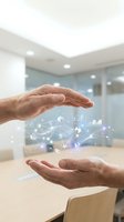 Businessman hands protecting digital network with data analytics icons and connectivity symbols in modern office environment for technology concepts.