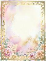 Elegant ornamental frame with watercolor florals and soft pastel blooms, gold decorative border with scrollwork, isolated on white background, ready for invitations, greeting cards, wedding stationery, and design projects.