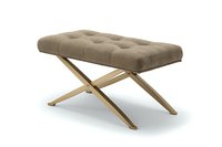 Luxurious tufted ottoman bench with crossed gold metal legs on white background, featuring elegant upholstery in neutral taupe color for modern interior design.