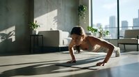 Athletic young woman doing push-ups in modern apartment with city view. Home fitness workout routine in bright living room with natural sunlight.