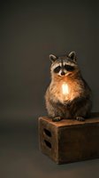 Cute raccoon holding glowing light bulb while sitting on wooden box against dark background symbolizing creativity and bright ideas for business concepts.