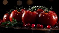 Fresh red tomatoes with water drops and rosemary sprigs on dark background, cranberries scattered around creating dramatic food composition for restaurant menu.