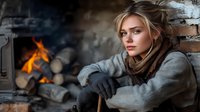 Young Caucasian woman in warm winter clothing sitting by fireplace with burning logs, contemplative expression, soft natural lighting creates cozy atmosphere.