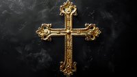 Ornate golden cross with intricate floral patterns and decorative elements against dark textured background, symbolizing faith, religion and spirituality.