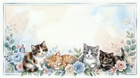 Adorable kittens sleeping peacefully among watercolor roses and botanical elements creating charming floral border frame for nursery decor and greeting cards.