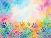 Colorful watercolor background with rainbow gradient and multiple paw prints in various colors at bottom, suitable for pet-related designs, greeting cards, and animal-themed projects.