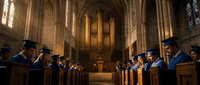 Graduation ceremony in gothic cathedral with students in caps and gowns seated in wooden pews, warm lighting illuminating stone arches and organ pipes.
