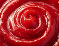 Vibrant red spiral swirl of glossy ketchup sauce captured in extreme macro showing rich texture and circular pattern. Suitable for food industry and packaging design.