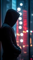 Mysterious hooded figure silhouetted against rainy window at night, with blurred city lights and neon red glow creating moody atmospheric urban scene.