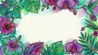 Tropical watercolor frame with hibiscus, orchids, monstera leaves, and hummingbirds in vibrant purple and green tones with copy space.
