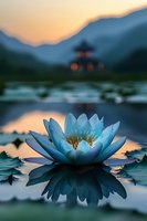 Serene blue lotus flower blooming at sunset with pagoda silhouette reflected in calm water, creating peaceful zen atmosphere for meditation and wellness.