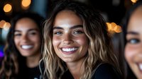 Young mixed race woman with wavy blonde hair and bright genuine smile at evening social gathering, with friends in background amid warm bokeh lights.