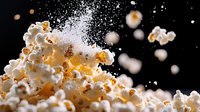 Popcorn kernels exploding with salt and butter against dark background, dynamic motion capture of snack food with particles flying in multiple directions.