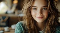 Young woman with long wavy brown hair and light eyes wearing green sweater, smiling at camera in warm home interior setting.